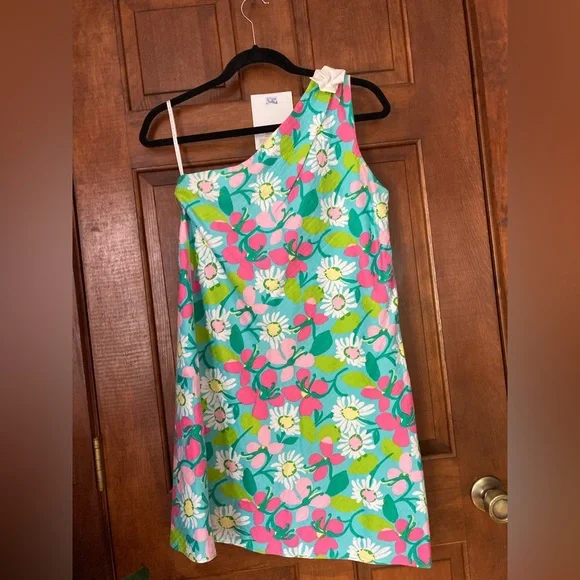 🌸Lilly Pulitzer Dress Girls 16 One Shoulder Shorely Blue Portrait of a Picnic - Picture 2 of 12